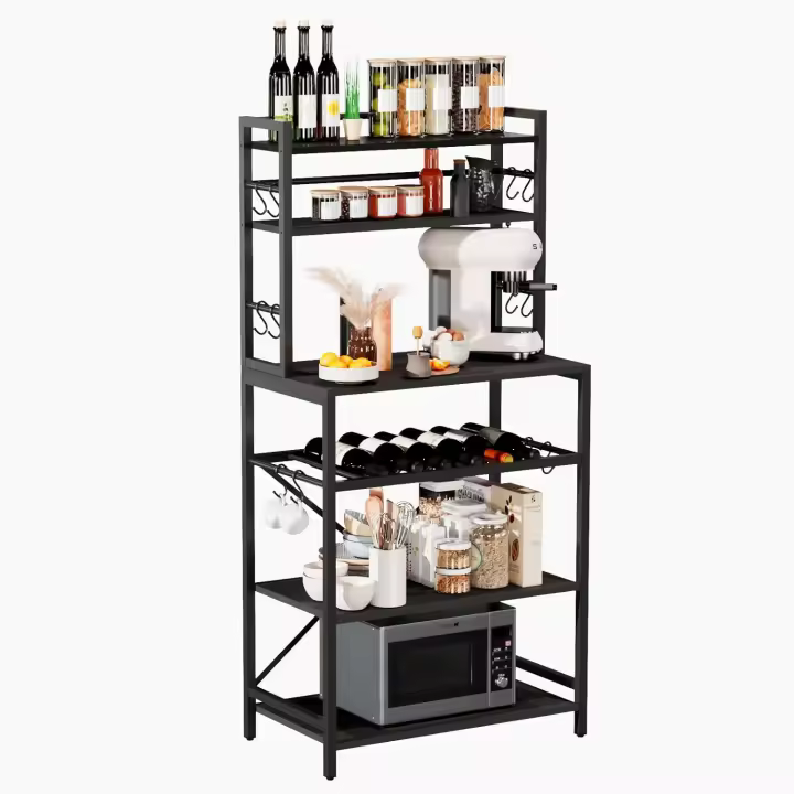 Estantería de Cocina, Estantería de Panadería, para Microondas, Botellero Regulable en Altura, Marcos Metálicos, Estilo Industrial, 58 x 39 x 144CM, Negro HBR003B - 1