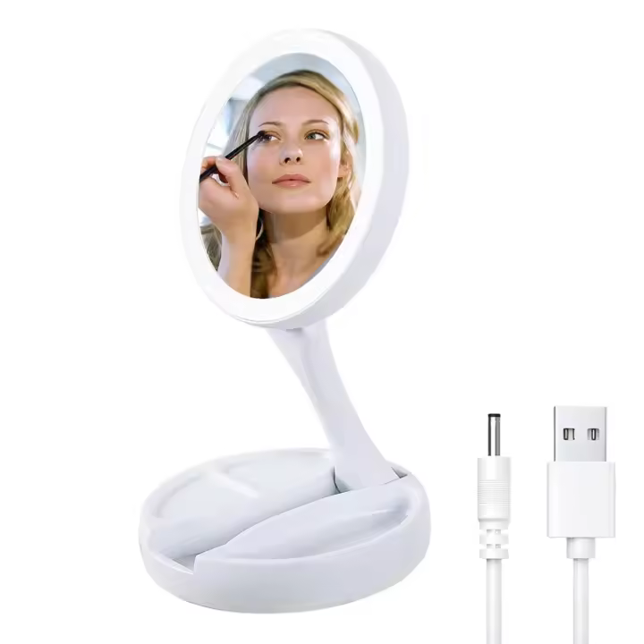 Espejo De Maquillaje Plegable Con Luz LED 10X Magnificación Doble Cara Recargable Por USB O Batería Para El Hogar - 1