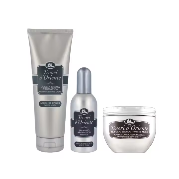 Set de 3 productos Tesori D'Oriente Muschio Bianco: Gel de Ducha, Spray y Crema Corporal de Lujo para el Cuidado Personal - 1