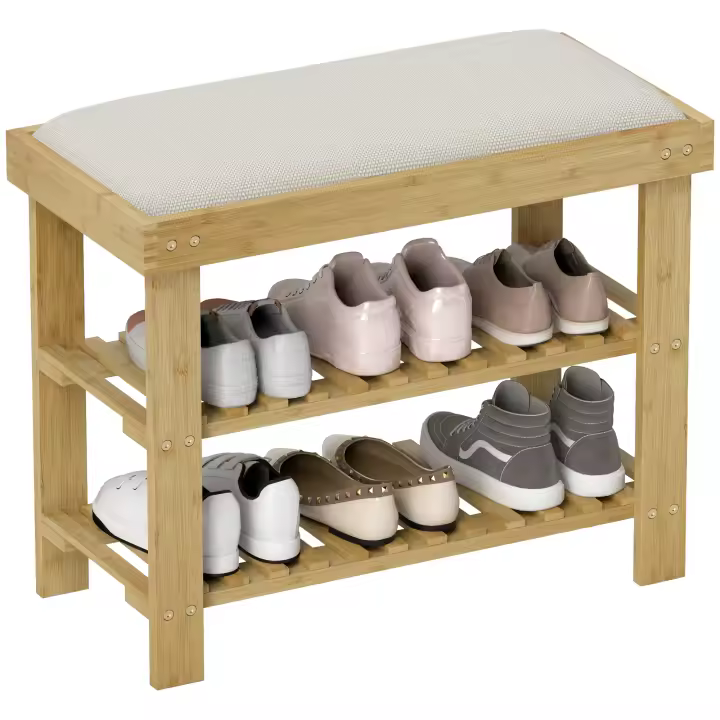 HOMCOM Banco Zapatero de Bambú Zapatero con Asiento Acolchado 2 Estantes para 6 Pares de Zapatos para Entrada Dormitorio 60x29x49 cm Natural - 1