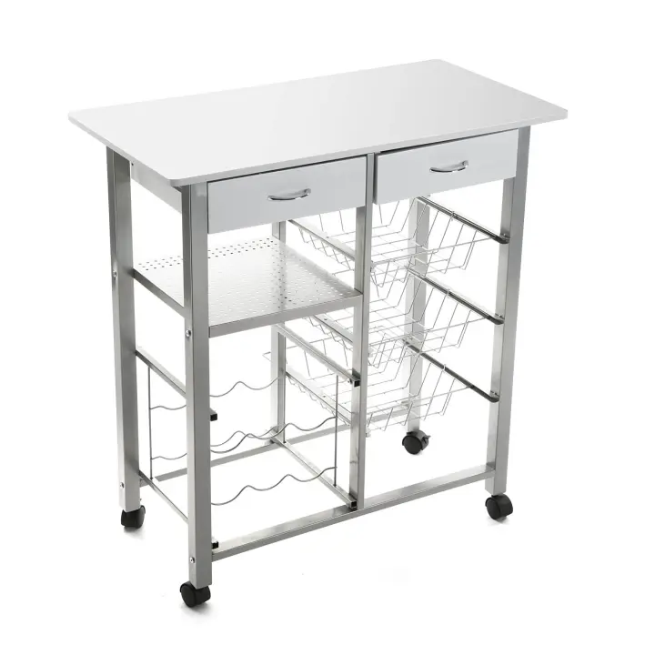 Versa Leicester Carro de cocina con ruedas, cajones y botellero, Verdulero con despensa y organizadores, Almacenaje de cocina, , Medidas (Al x L x An) 82 x 40 x 76 cm, Madera y Metal, Color Blanco - 1