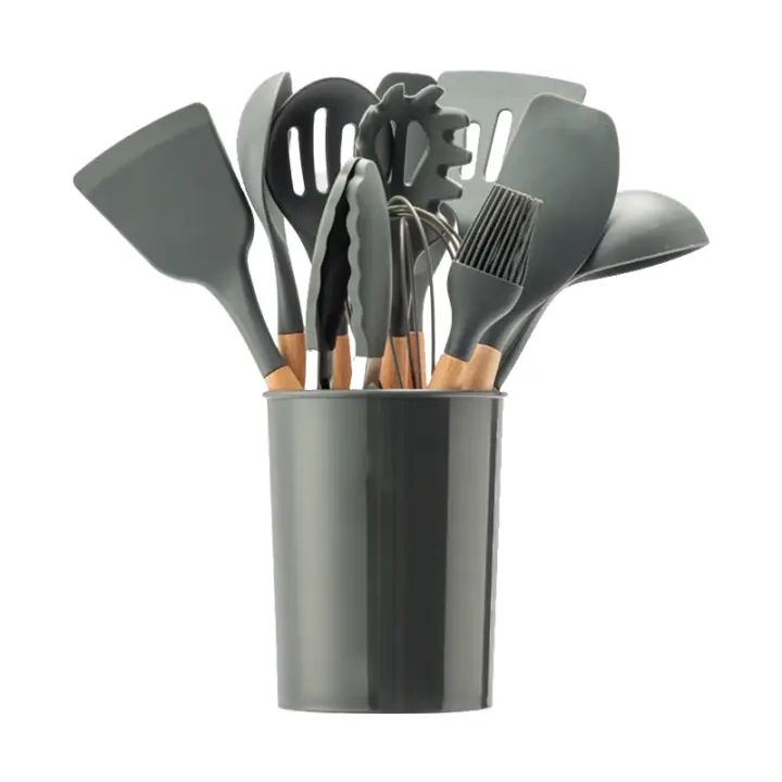 Set de 12 Utensilios de Cocina de Silicona con Mango de Madera - Antiadherentes, Faciles de Limpiar - Herramientas Esenciales de Cocina para Hornear y Cocinar - 1