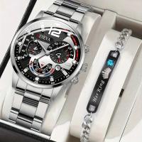Set De Reloj Cuadrado De Cuarzo Para Hombre Con Tres Dial Y Pulsera Carved "Her King" 2pcs Moda Casual Material De Pulsera Y Reloj De Aleación - details 1