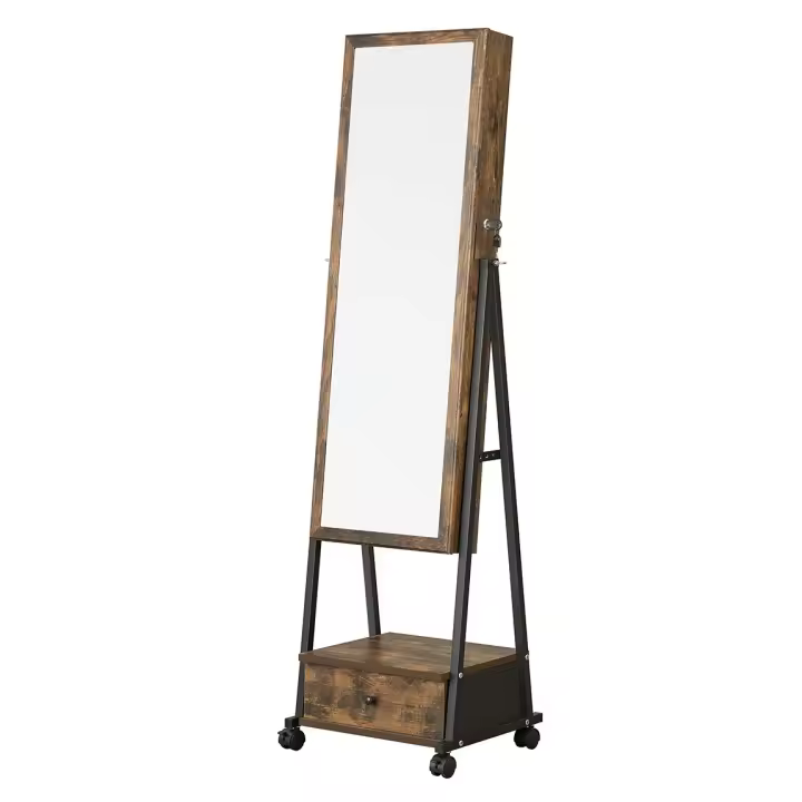 Espejo joyero completo, cajón con cierre, estante y ruedas, portátil, ideal para regalo, disponible en marrón rústico o blanco - 1
