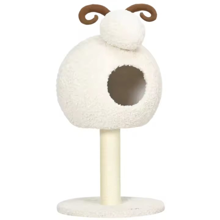 PawHut Rascador para gatos, 80 cm, árbol para gatos con cueva, rascador para gatos con diseño de cabra, árbol trepador con columna de sisal y estructura de felpa, mueble para gatos, color blanco crema - 1
