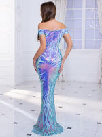 Vestido De Noche De Suelo Azul Con Lentejuelas Romagic Vestido De Boda De Hombros Descubiertos Exquisito Vestido De Fiesta Prom Para Mujeres Sin Mangas Silueta De Sirena - details 12