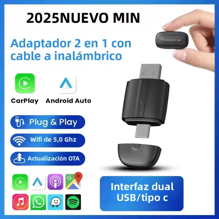 Adaptador Mini 2 En 1 De Cable a Inalámbrico Para CarPlay 2024 Compatible Con Android Auto Conexión Automática OTA Actualizable Universal - 1