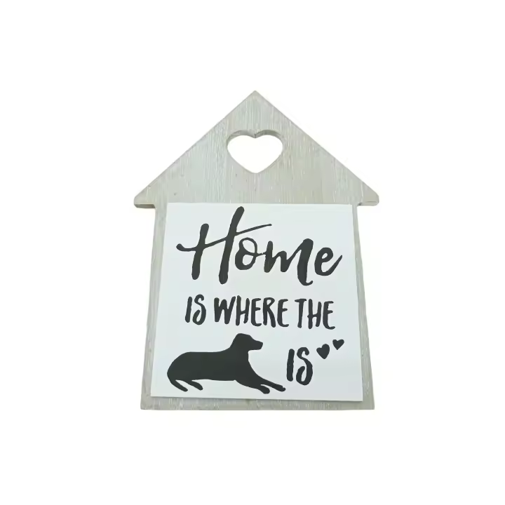 Figura de Pared de Madera Grisácea con Silueta de Perro y Texto "HOME IS WHERE THE DOG IS" - 1