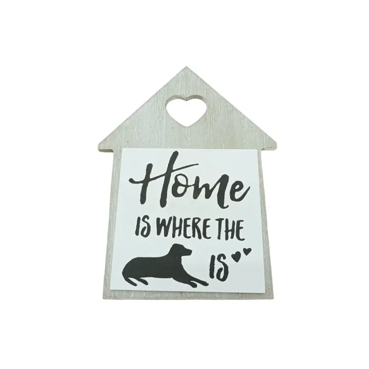 Figura de Pared de Madera Grisácea con Silueta de Perro y Texto "HOME IS WHERE THE DOG IS" - 1