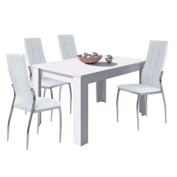 Conjunto de Mesa Extensible + 4 Sillas en Color Blanco Mate y Plata - 1