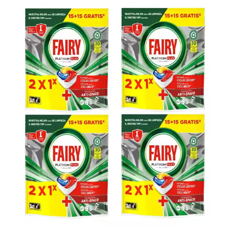 FAIRY Platinum Plus Capsulas Para Lavavajillas 15+15, Pack 30x4 Total 120 Capsulas, Todo en Uno, Limpieza Impecable, Elimina los Restos Difíciles y Restaura el Brillo Original, Aroma a Limon, Eficaz en Ciclos Cortos - 1