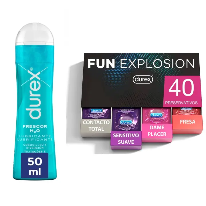 Durex - Lote Fun Explosion, Pack 40 Preservativos + Lubricante Frescor H2O 50 ml, Cosquilleo y Diversión, Sexo Seguro - 1