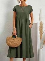 Vestido Midi Sólido Vintage Para Mujer Verano 2023 Algodón Y Lino Harajuku Sobredimensionado Estilo Y2K Maxi Sundress Manga Corta A-Line Cuello Redondo - details 1