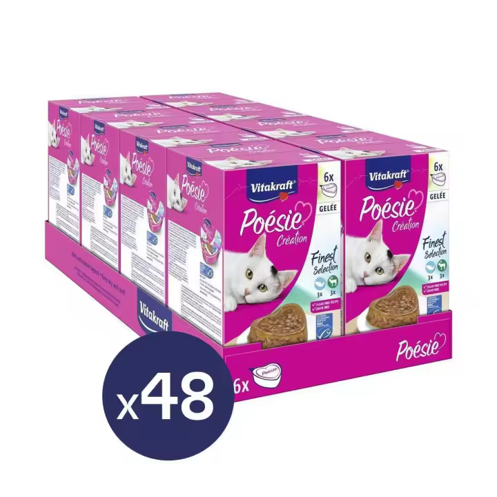 VITAKRAFT - Poésie Creation Comida húmeda para gatos Sabor pollo, ternera y pavo en salsa o salmón y carne de caza en gelatina (Pack de 48 tarrinas) - 1