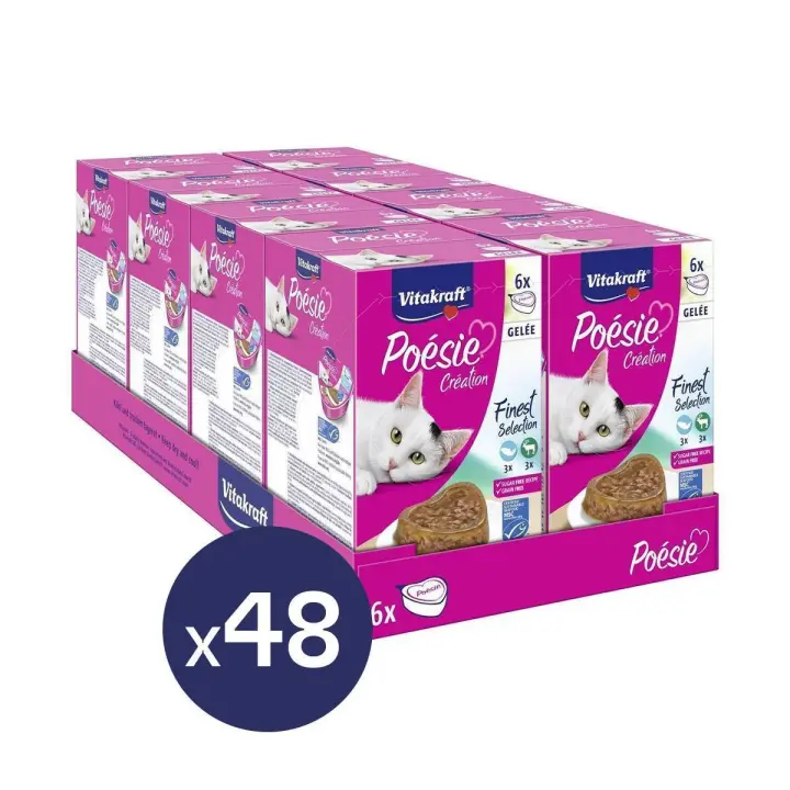 VITAKRAFT - Poésie Creation Comida húmeda para gatos Sabor pollo, ternera y pavo en salsa o salmón y carne de caza en gelatina (Pack de 48 tarrinas) - 1