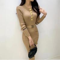Vestido De Punto Para Mujer Estilo Office Lady Cuello En V Con Botones Y Cinturón Vestido Bodycon De Otoño E Invierno De Marca - details 0