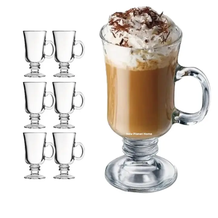 Juego de 6 tazas de café irlandés, tazas de café de vidrio de 8 onzas con asa, taza de té transparente con pies para capuchino, latte, jugo, helado, cacao, ron, bebidas heladas, batidos - New Planet Home - 1