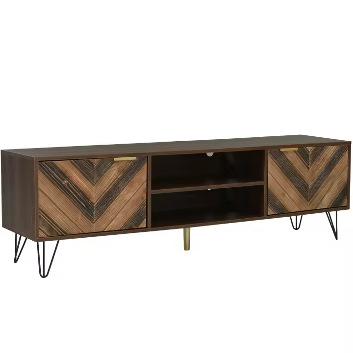 Mueble de TV Estilo Industrial Moderno | Puertas de Panel de Madera Natural + Asas Doradas | 2 Compartimientos de Almacenamiento, Soporte Integrado para TV y Patitas de Hierro Anticorrosión-Elegant, Funcional y Duradero para Salones - 1