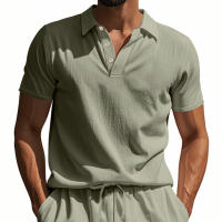 Camisa POLO de manga corta con solapa y botones, informal, de lino, transpirable, estilo británico, de verano para hombre - details 43