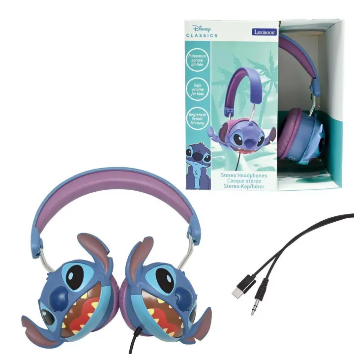 LEXIBOOK - Disney Stitch, Auriculares estéreo con Cable Stitch 3D, Plegables, Potencia de Sonido Limitada - 1