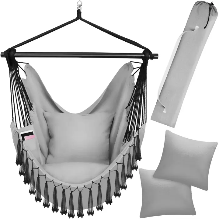TECTAKE - Silla colgante MALIKA de estilo bohemio, capacidad de carga 150 kg  Muy cómoda y resistente, para interior y exterior  Cojines extra gruesos para mayor comodidad  Tejido de mezcla de algodón y poliéster suave, resistente y transpirable - 1