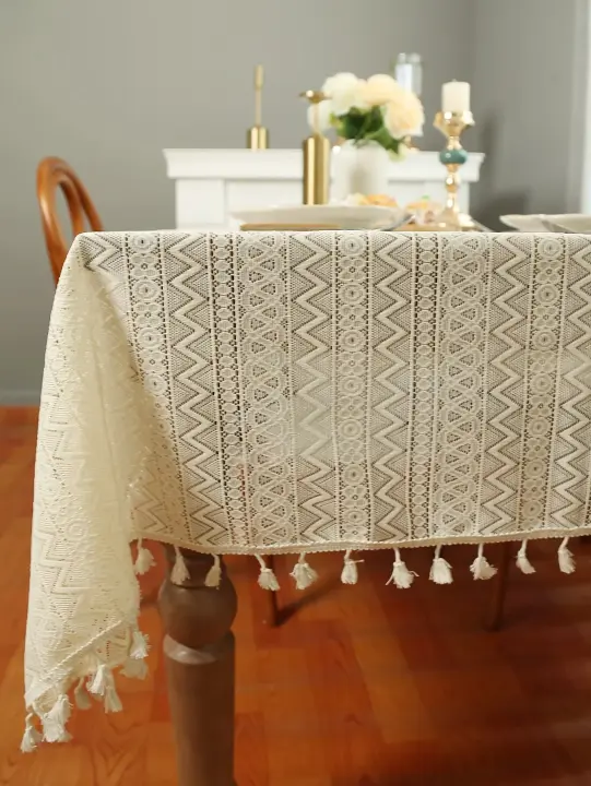 Mantel De Lantejuelas Con Borla En Beige Estilo Ondulado Triangular Para Decoración De Mesa De Comedor Material Poliéster 100% - 1