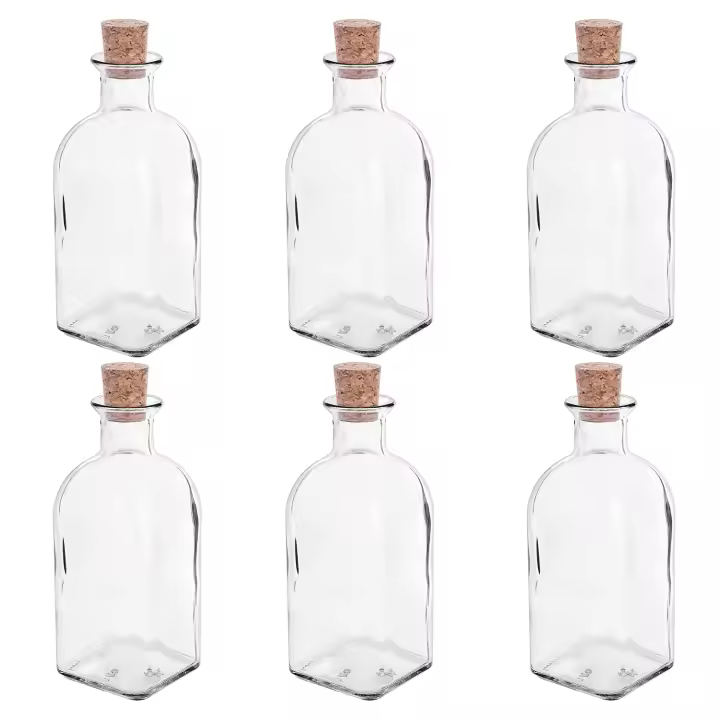 Botella de Cristal con Tapón de Corcho. Pack 6, 12, 20 o 24 Frascas de Cristal Natural para Agua u Otro Tipo de Líquidos. Ideal para Hostelería, Celebraciones, Fiestas. Botellas Reutilizables y Fácil de Limpiar. Botellitas para Bar, Decoracion - 1