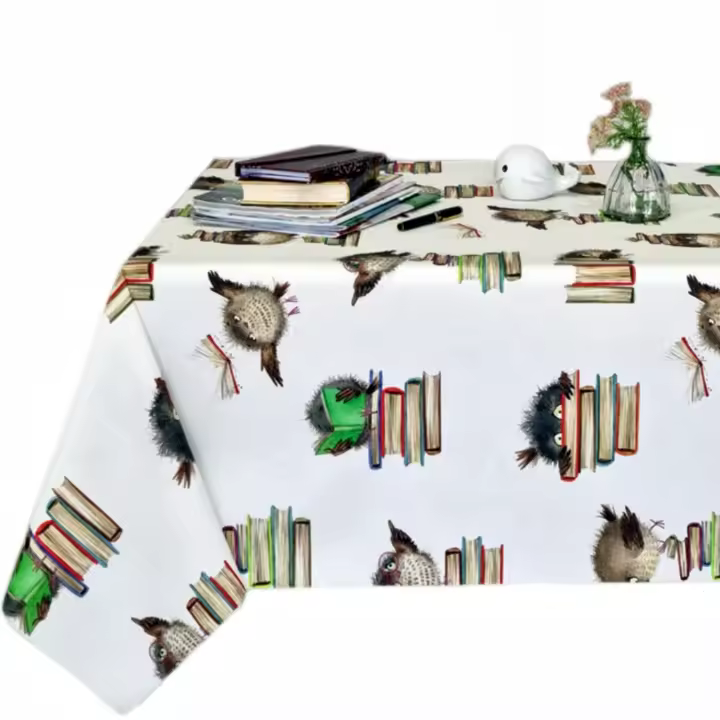 manteles mesa, mantel, Textil de cocina y mesa, mesa comedor, mantel mesa rectangular, lavable y impermeable, Ideal para hogar, infantil, Caída decorativa, Estilo moderno, Dibujos infantil，Fondo blanco marfil ,multicolor, búho, Libro，Ancho 137cm, DM154 - 1