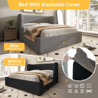 Cama tapizada 160x200, Cama Doble Cama de almacenamiento hidráulico con soporte lateral amplios y tapa de somier extraible, somier con somier de lámparas y Espacio de almacenamiento, Lino, Gris, sin colchón - details 0
