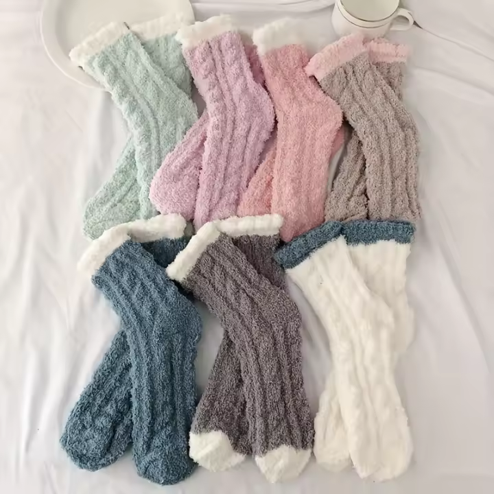 7 Pares De Calcetines De Peluche Coral Para Mujer Temporada Otoño E Invierno Calor Para El Hogar Y Sueño Calcetines De Poliéster Grueso - 1