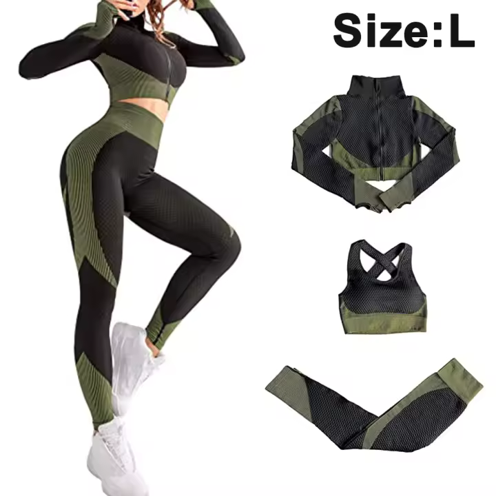 Conjunto de entrenamiento para Mujer, de 3 piezas chándalo, leggings de yoga sin Costura with Realce de cadera y sujetador Deportivo elástico, Conjunto de ropa de Gimnasio - 1