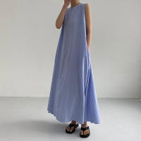 Vestido Maxi De Verano Para Mujer REALEFT 2024 Color Sólido Elegante Con Bolsillos Cintura Suelta Sin Mangas Casual Largo Hasta La Rodilla Material Algodón Y Poliéster - details 6
