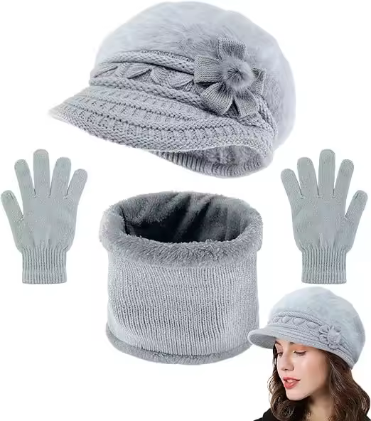 Conjunto de invierno para mujer de 3 piezas: gorro, bufanda y guantes. Incluye gorro tipo beanie holgado de punto con flor, gorro con visera y cuello polar, y bufanda con guantes. - 1