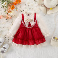Vestido Lolita Para Bebé Niña 0-3 Años Con Doble Encaje Y Lazo Falso Dos Piezas Estilo Princesa Dulce Para Fiesta De Cumpleaños Primavera Otoño Material Algodón Y Poliéster Silueta A-line Manga Completa Longitud De Rodilla - details 1