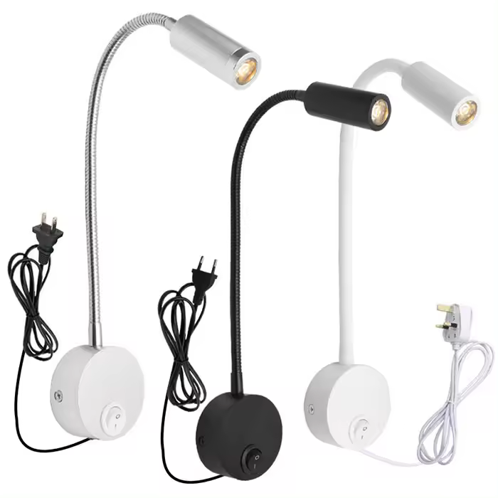 Lámpara Led de pared con Cuello de CISne, Luz con cable Flexible de 3 vatios, candelabra, iluminación para dormitorio, Lectura y baño, Colour Blanco y Negro - 1