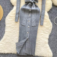 Vestido De Punto Para Mujer REALEFT Otoño Invierno Con Cinturón Cuello Polo De Mano Sola Manga Larga Ajuste Cintura Alta Vestido De Trabajo - details 12