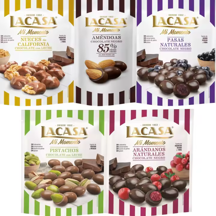 Lacasa Mi Momento pack de 5:Almendra 85% 65G,Arándano choco Negro 125G,Nueces Leche 115G,Pasas choco Negro 150G,Pistacho Leche 100G - 1