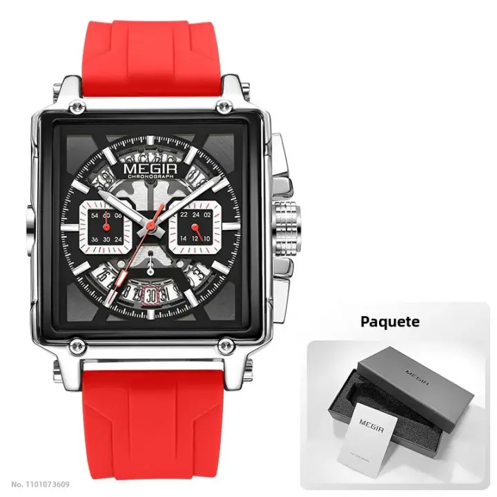 Reloj De Cuarzo Para Hombre MEGIR Con Cronógrafo Y Luz Propia Pantalla Cuadrada Resistente Al Agua Y Al Aire Libre Correa De Silicona Moda Casual - 1