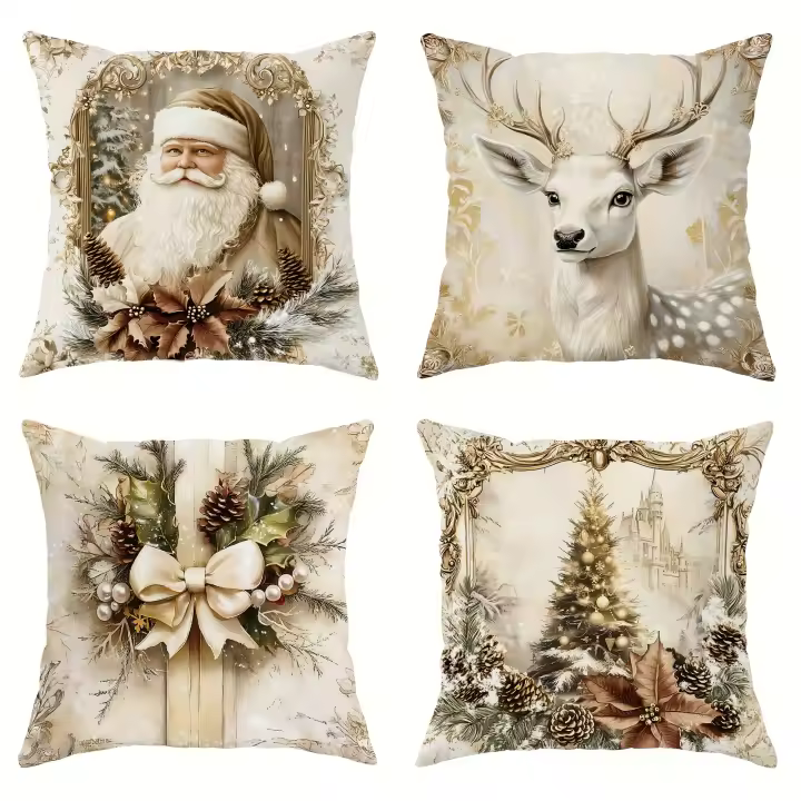 Paquete de 4 fundas de terciopelo de Navidad-Vintage Santa, Ciervos, arboles y Diseños de Lazo en Blanco Dorado-Fundas de juguete Decorativas suaves y cooperativas para Sofá, dormitorio y Sala de estar, 45x45 cm, sin insertos incluidos - 1