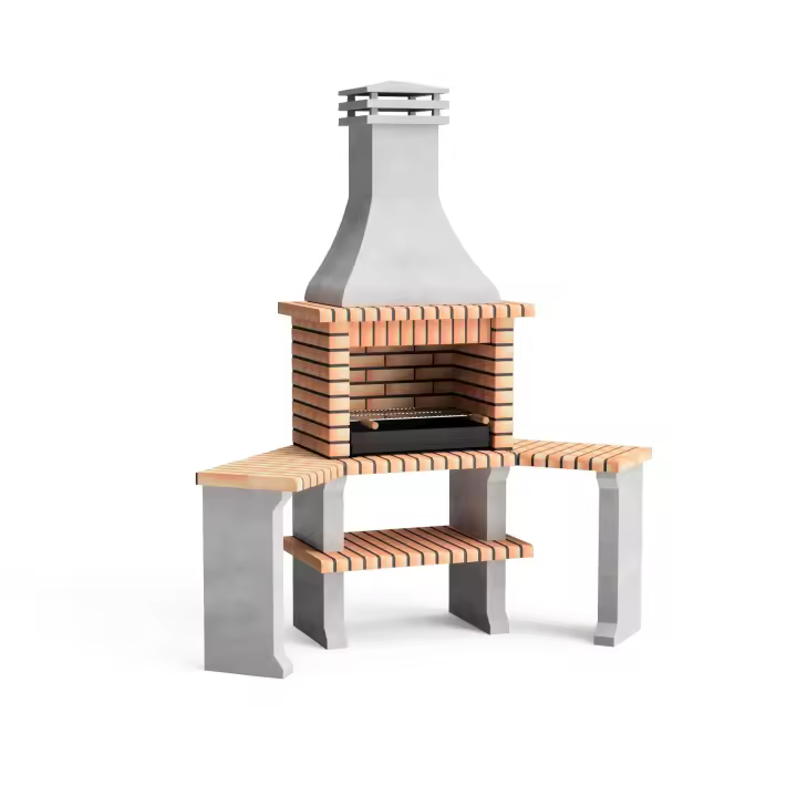 MOVELAR - Barbacoa de Obra Prefabricada para Leña y Carbón Modelo Roma 2 side tables corner (Gris, Naranja - 160 x 58 x 240 cm) REF: 3800/1 - Uso en Exteriores - 1