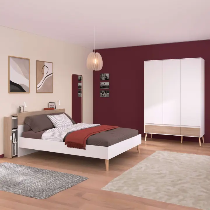 Pack de 3 Muebles Dormitorio Matrimonio Nórdico Osaka Estilo Nórdico Blanco Mate y Roble Japonés - 1