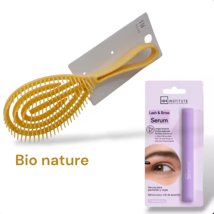 PACK Cepillo Desenredante sin tirones y Serum de cejas y pestañas alisadoras IDC Institude, y Bio Nature, para el cuidado del cabello de las mujeres, peine alisador desenredante con cuerpo esqueleto. - 1