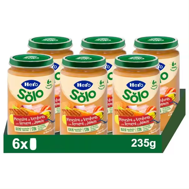 Hero Baby Pack Tarritos de Menestra de Verduras con Ternera y Jamón. Para Bebés de a Partir de los 6 meses. Pack 6x235gr - 1