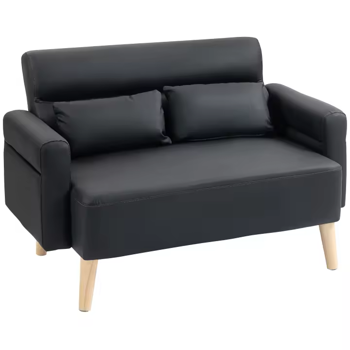 HOMCOM Sofá de 2 Plazas Tapizado en Cuero Sintético Sofá de Salón de 117 cm con Reposabrazos Acolchado Grueso Respaldo Acanalado y Patas de Madera para Dormitorio Sala de Estar Negro - 1