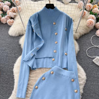 Conjunto De Ropa De Mujer REALEFT Otoño Invierno 3 Piezas Traje De Tejido Knitted Cardigan De Botón Sencillo Y Tops Falda Elegante Para Oficina - details 8