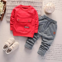 Conjunto De Bebé 2PCS Camiseta De Manga Larga Y Pantalones Con Bolsillo Grande Estampado Vertical Recto Para Niños Y Niñas Edad 1-3 Años Material Algodón Terry - details 0