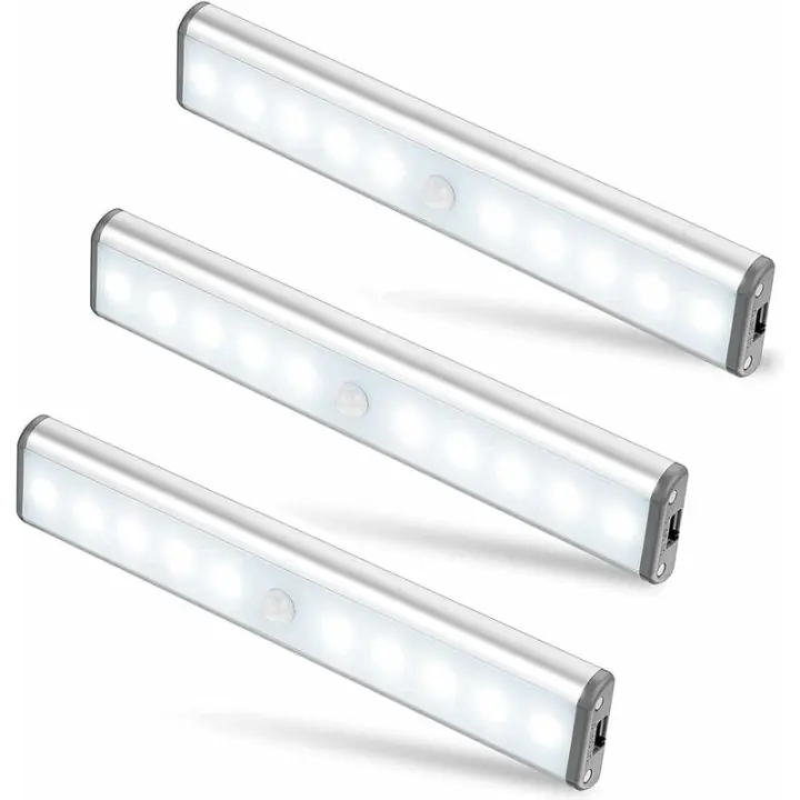 Juego de 3 lámparas de 10 LED, inalámbricas, recargables por USB, magnéticas, sensor de movimiento, 2 modos de iluminación, portátiles. Luz de armario, lámpara de emergencia, luz de noche para niños, adicional... [Clase en - 1