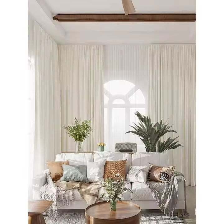 Cortinas De Veludo Beige Modernas Y Sencillas Para Sala De Estar Y Dormitorio 1PC Translúcidas De Poliéster 100% Sin Doble Capa Ni Acolchado - 1