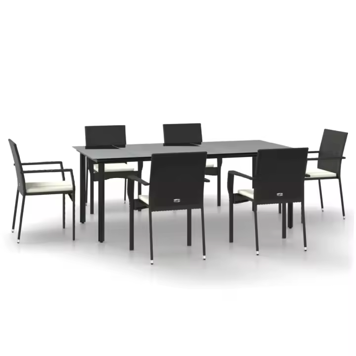vidaXL Set de comedor de jardín 7 pzas y cojines ratán sintético negro - 1
