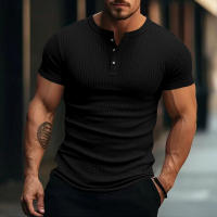 Camiseta De Hombre Estilo Moderno Con Rayas Cuello Henley Corta Transpirable Y Suave Para Ropa Casual De Verano - details 5